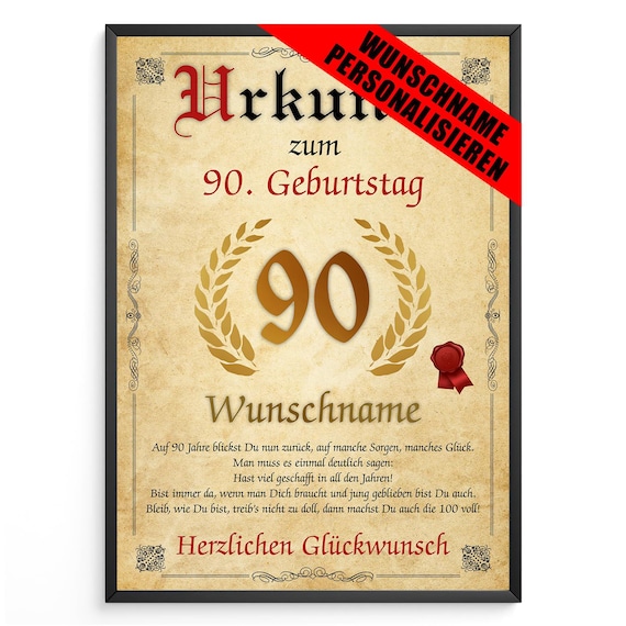 Personalisierte Urkunde zum 90. Geburtstag Geburtstagsurkunde Geschenk Männer Frauen 90 Jahre Geburtstagsgeschenk Geburtstagskarte