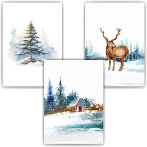 Weihnachtslandschaft Hirsch Waldhütte Weihnachten DIN A4 Weihnachtsposter Weihnachtsdeko 3er Set