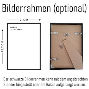 May include: A black aluminum picture frame with a white mat for a DIN A4 size print. The frame measures 21 inches wide by 29.7 inches tall. The frame can be hung on a wall or displayed on a stand.