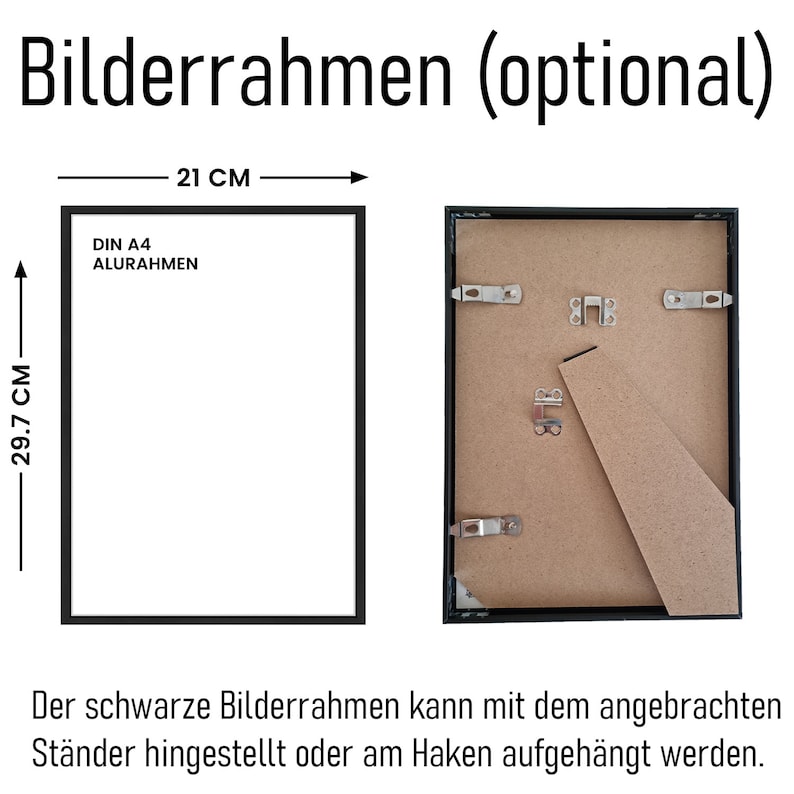 May include: A black aluminum picture frame with a white mat for a DIN A4 size print. The frame measures 21 inches wide by 29.7 inches tall. The frame can be hung on a wall or displayed on a stand.