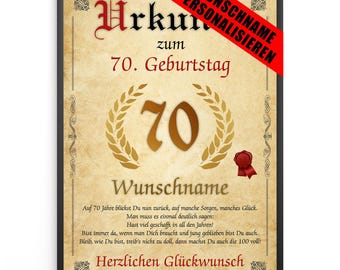 Personalisierte Urkunde zum 70. Geburtstag Geburtstagsurkunde Geschenk Männer Frauen 70 Jahre Geburtstagsgeschenk Geburtstagskarte