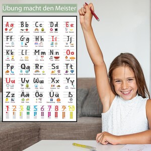 Grundschrift Poster inkl. 5 Übungsblätter | ABC Lernposter für Kinder Zahlen & Alphabet Lernhilfe Einschulung Kindergarten Grundschule