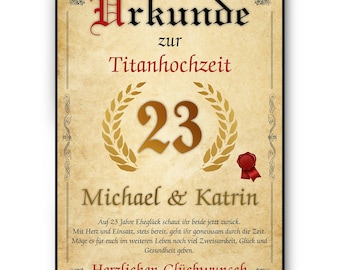 Personalisierte Urkunde zum 23. Hochzeitstag Geschenk Titanhochzeit Karte 23. Jahrestag