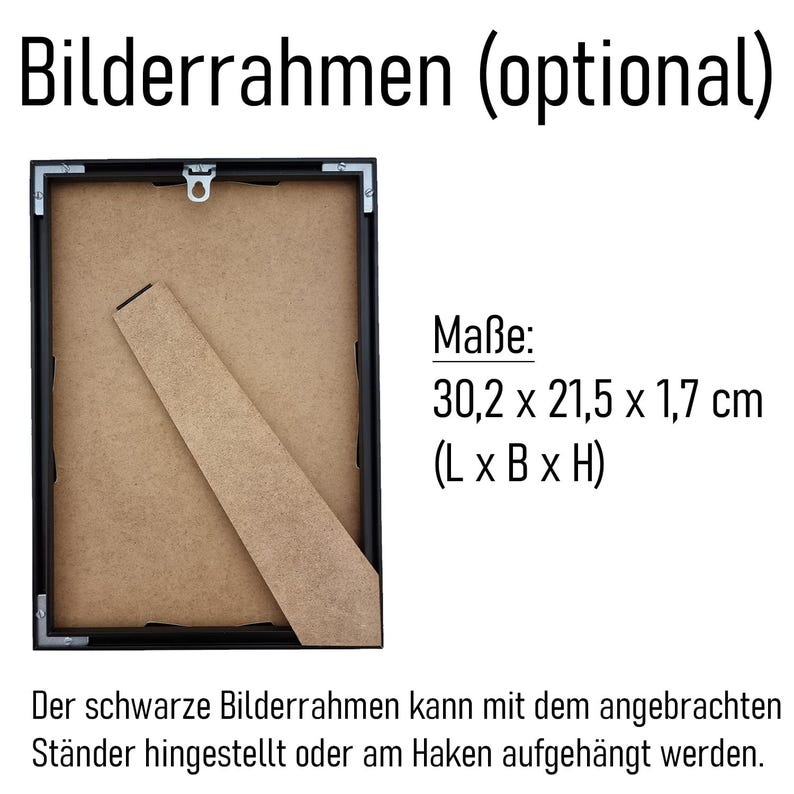May include: A black picture frame with a cardboard backing and a wooden stand. The frame measures 11.9 x 8.5 x 0.7 inches. The text on the image says the frame can be displayed with the stand or hung.