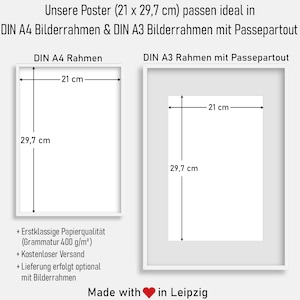 May include: Two white framed posters, one with a white border and one with a white mat, each with dimensions labeled as 21 cm x 29.7 cm. Text at the top states the posters fit DIN A4 and A3 frames. Additional text includes "Made with love in Leipzig."