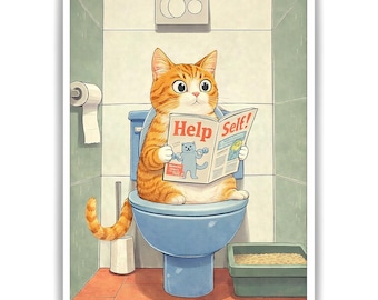 Katze auf Toilette Poster – Humorvolle Katzen Wanddeko für WC & Bad
