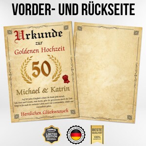 May include: A certificate for a Golden Wedding anniversary, featuring the number 50 in a gold wreath. The text includes names and a congratulatory message, with decorative borders and seals. The words "VORDER- UND R&Uuml;CKSEITE" are at the top.