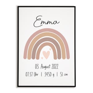 May include: A framed print featuring a pastel rainbow design with the name "Emma" in cursive script. The print includes the date "03. August 2022", time, weight of 3450 grams, and a height of 51 cm.