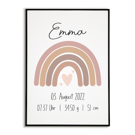 Geburtsposter Personalisiert Baby Geschenk zur Geburt Rosa Regenbogen Bild Name Uhrzeit Größe Gewicht | Kinderzimmer Babygeschenk