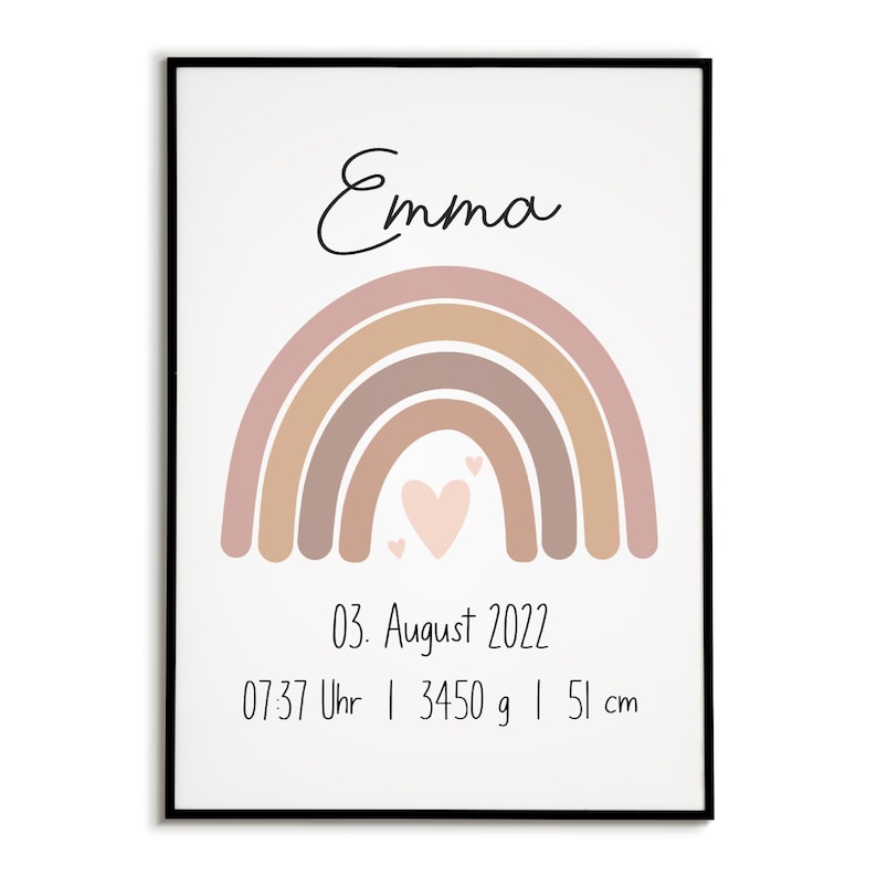 May include: A framed print featuring a pastel rainbow design with the name "Emma" in cursive script. The print includes the date "03. August 2022", time, weight of 3450 grams, and a height of 51 cm.