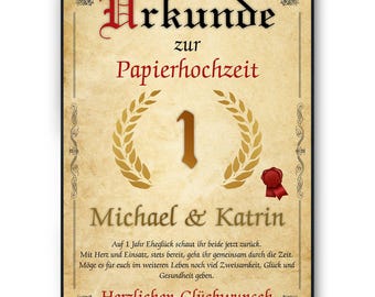 Personalisierte Urkunde zum 1. Hochzeitstag Geschenk Papierhochzeit Karte 1. Jahrestag