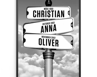 Personalisiertes Familienposter Straßenschild – Wegweiser Design mit Namen  Geburtsdaten – Wandbild personalisiert – Geschenk für Familie,