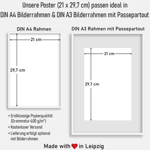 May include: Two white framed posters, one with a white border and one with a white mat, each with dimensions labeled as 21 cm x 29.7 cm. Text at the top states the posters fit DIN A4 and A3 frames. Additional text includes "Made with love in Leipzig."