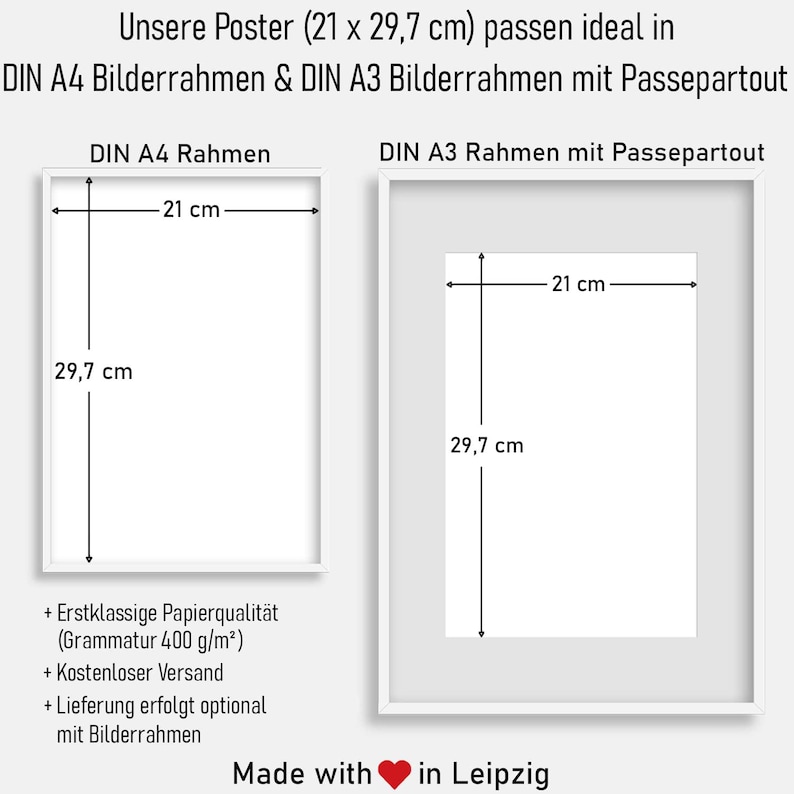 May include: Two white framed posters, one with a white border and one with a white mat, each with dimensions labeled as 21 cm x 29.7 cm. Text at the top states the posters fit DIN A4 and A3 frames. Additional text includes "Made with love in Leipzig."