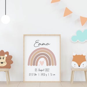 May include: A framed print featuring the name "Emma" in cursive above a pastel rainbow design. Below the rainbow are the date, time, weight (3450 grams), and height (51 cm) of a baby. The print is in a light wood frame.