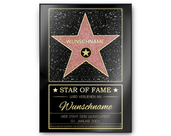 Personalisierte Hollywood Stern Urkunde | Walk of Fame personalisiertes Geschenk Geburtstag Männer Frauen Anerkennung Wertschätzung Andenken
