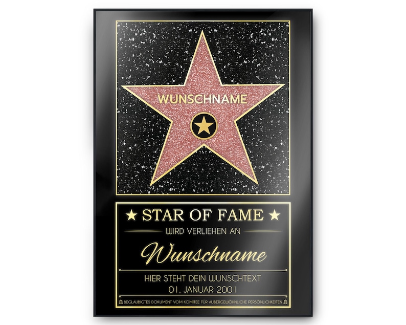 May include: A black and gold framed plaque with a pink star and the text "STAR OF FAME" and "WIRD VERLIEHEN AN" in gold lettering. The plaque also includes the text "Wunschname" and "HIER STEHT DEIN WUNSCHTEXT 01. JANUAR 2001".