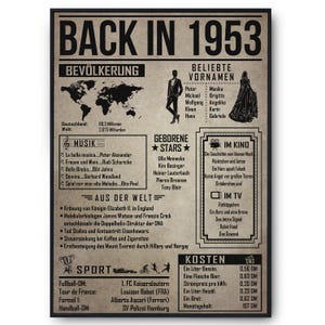 73. Geburtstag Geschenkidee personalisierbar | Poster Jahrgang 1953 Geschenk | Back in 1953 Rückblick