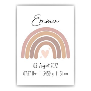 May include: A white print featuring the name "Emma" in cursive above a pastel rainbow design. Below the rainbow are the date, time, weight (3450 g), and height (51 cm) of a baby.