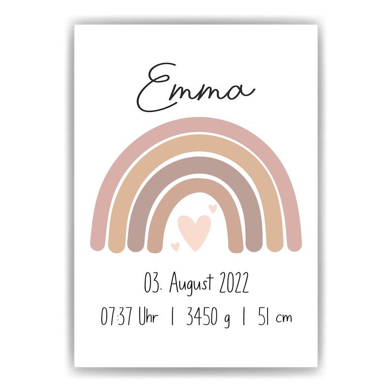 May include: A white print featuring the name "Emma" in cursive above a pastel rainbow design. Below the rainbow are the date, time, weight (3450 g), and height (51 cm) of a baby.