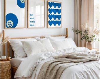 Juego de 3 impresiones azules de moda, impresiones azules preppy para dormitorios universitarios, decoración de dormitorios, decoración estética para dormitorios, arte de pared azul, arte estético para paredes