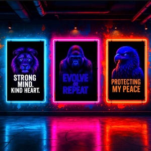 Neon Animal Wisdom – 3 Motivational Prints | Bold Quotes with a Glow
