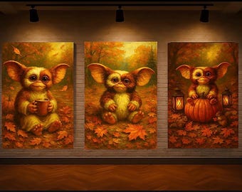 Autumn Gizmo Bundle – 3 Cozy Fall Prints | Cute Creature Wall Art | Pumpkin, Coffee & Lantern Scenes | Whimsical Halloween Decor