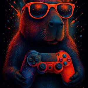 May include: A digital illustration of a capybara wearing orange sunglasses and holding a red and blue video game controller. The capybara is depicted with blue and red fur against a black background with colorful paint splatters.