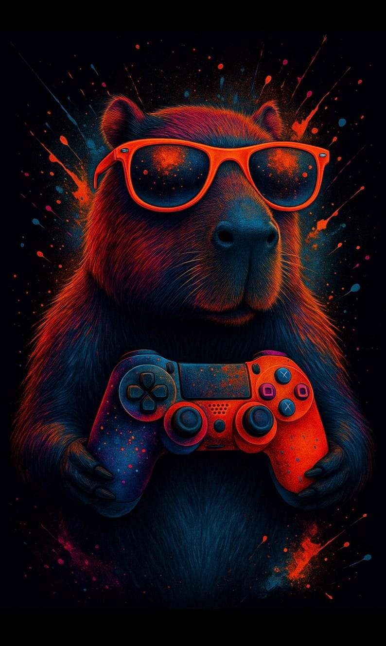 May include: A digital illustration of a capybara wearing orange sunglasses and holding a red and blue video game controller. The capybara is depicted with blue and red fur against a black background with colorful paint splatters.