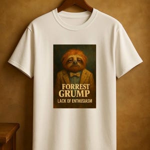 May include: White t-shirt featuring a humorous graphic of a sloth dressed in a suit and bow tie. The graphic includes the text "FORREST GRUMP" and "LACK OF ENTHUSIASM". The shirt is displayed on a wooden hanger against a brown background.