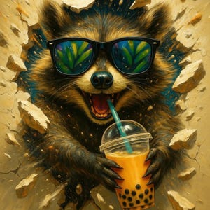 Puede incluir: Un mapache con gafas de sol sosteniendo una bebida de t&eacute; de burbujas. El mapache est&aacute; rompiendo una pared, con un cielo azul de fondo. Las gafas de sol reflejan un patr&oacute;n de hojas verdes.