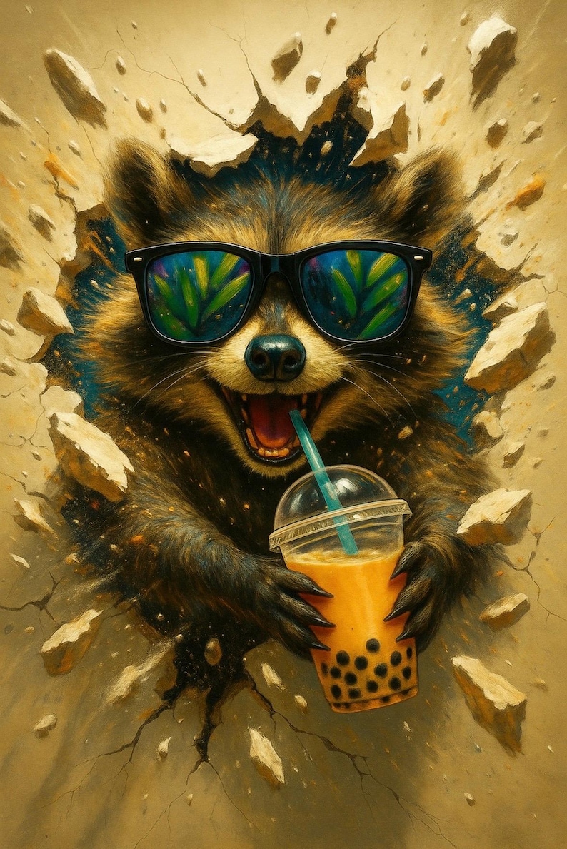 Puede incluir: Un mapache con gafas de sol sosteniendo una bebida de t&eacute; de burbujas. El mapache est&aacute; rompiendo una pared, con un cielo azul de fondo. Las gafas de sol reflejan un patr&oacute;n de hojas verdes.