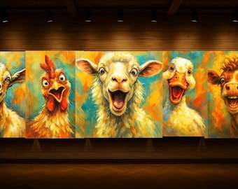Conjunto de arte mural de animales de granja: cabra, pollo, oveja, pato y vaca con expresividad. Impresiones digitales coloridas para decoración de granja.