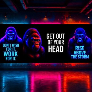 Gorilla Motivation – 3 Neon Digital Prints | Mental Strength Wall Art for Focus & Grit