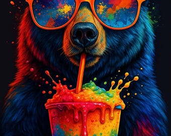 Rainbow Bear Drinking Slushie – Funny Pop Art Printable Wall Decor