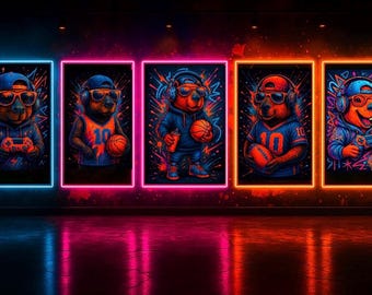 Elige tu capibara / Divertido arte mural de capibara deportivo / Póster de animales de neón imprimible digitalmente para la decoración de la habitación de los niños