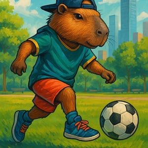 May include: An illustration of a capybara playing soccer in a park. The capybara wears a blue cap, teal shirt with yellow trim, red shorts, and blue sneakers. A black and white soccer ball is in front of the capybara. City buildings are in the background.