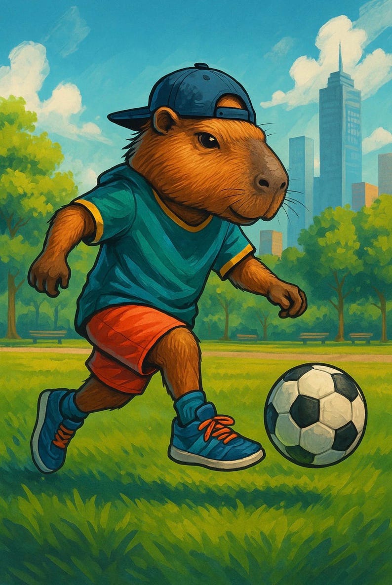 May include: An illustration of a capybara playing soccer in a park. The capybara wears a blue cap, teal shirt with yellow trim, red shorts, and blue sneakers. A black and white soccer ball is in front of the capybara. City buildings are in the background.
