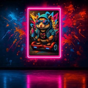 May include: A vibrant neon-lit artwork featuring a cartoon hamster wearing sunglasses and a hoodie, riding a hoverboard. The hamster holds a spray paint can. The background is a graffiti-style mural with colorful paint splatters.