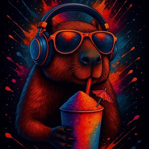 May include: A vibrant illustration of a capybara wearing orange sunglasses and headphones, sipping from a colorful slushy. The artwork features a dark background with splashes of red, blue, and orange.