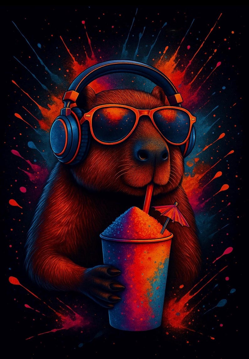 May include: A vibrant illustration of a capybara wearing orange sunglasses and headphones, sipping from a colorful slushy. The artwork features a dark background with splashes of red, blue, and orange.