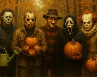 Fall Harvest Horror Crew – Funny Oil Painting Style Halloween Print | Pumpkin Picking Horror Movie Icons Wall Art
