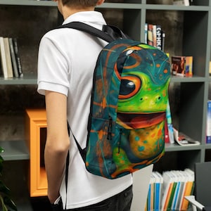Plecak Trippy Frog – zabawny, kolorowy plecak dla nastolatków i uczniów | Oryginalny plecak szkolny w stylu streetwear | Torba z żywym zwierzęcym nadrukiem