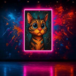 以下が含まれることがあります： 大きな青い目を持つ猫のデジタルアートプリント。ネオンピンクの長方形で額装されています。猫はオレンジと茶色の縞模様です。背景は、カラフルなペイントスプラッターのある濃い青色の壁です。