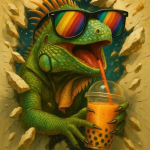 Puede incluir: Una iguana verde con gafas de sol arco&iacute;ris bebiendo una bebida con pajita. La iguana rompe una pared, sosteniendo una bebida con perlas de boba negras.