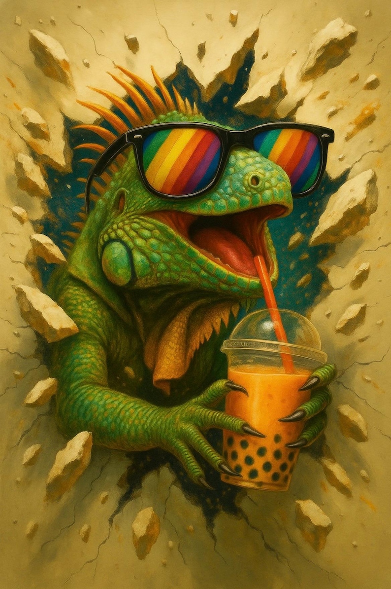 Puede incluir: Una iguana verde con gafas de sol arco&iacute;ris bebiendo una bebida con pajita. La iguana rompe una pared, sosteniendo una bebida con perlas de boba negras.