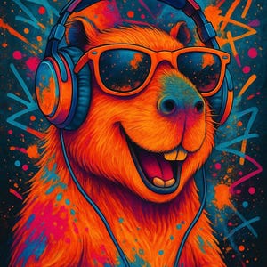 May include: Vibrant illustration of a capybara wearing orange sunglasses and blue headphones. The capybara has a wide, happy grin and is covered in bright orange fur with blue and pink accents. The background is dark with colorful paint splatters and graffiti-style lines.
