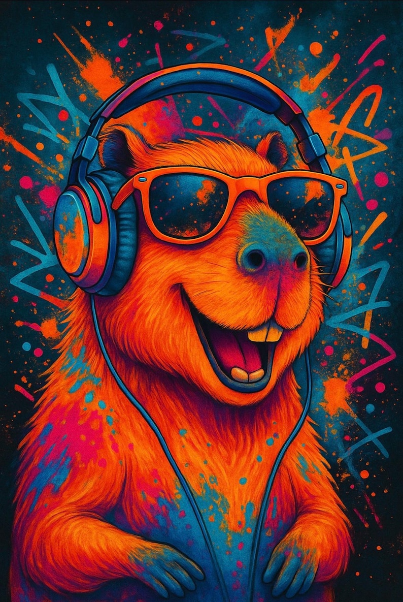 May include: Vibrant illustration of a capybara wearing orange sunglasses and blue headphones. The capybara has a wide, happy grin and is covered in bright orange fur with blue and pink accents. The background is dark with colorful paint splatters and graffiti-style lines.