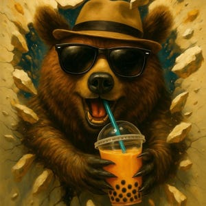 Puede incluir: Ilustraci&oacute;n de un oso pardo con sombrero fedora y gafas de sol, sosteniendo un bubble tea con una pajita azul. El oso est&aacute; rompiendo una pared, con trozos de pared a su alrededor. El bubble tea est&aacute; en un vaso de pl&aacute;stico transparente.