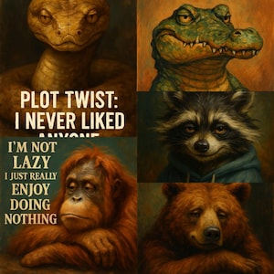 以下が含まれることがあります： さまざまな動物の肖像画が描かれたデジタルアートプリント。ヘビ、ワニ、アライグマ、オランウータン、クマが描かれています。テキストオーバーレイには「PLOT TWIST: I NEVER LIKED ANYONE」と「I'M NOT LAZY I JUST REALLY ENJOY DOING NOTHING」と書かれています。